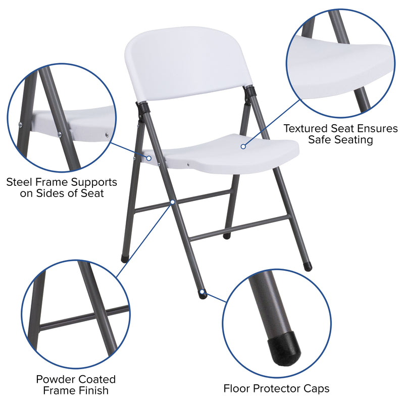 2 Pack HERCULES Series 330 lb. Capacity Granite White Plastic Folding Chair with Charcoal Frame