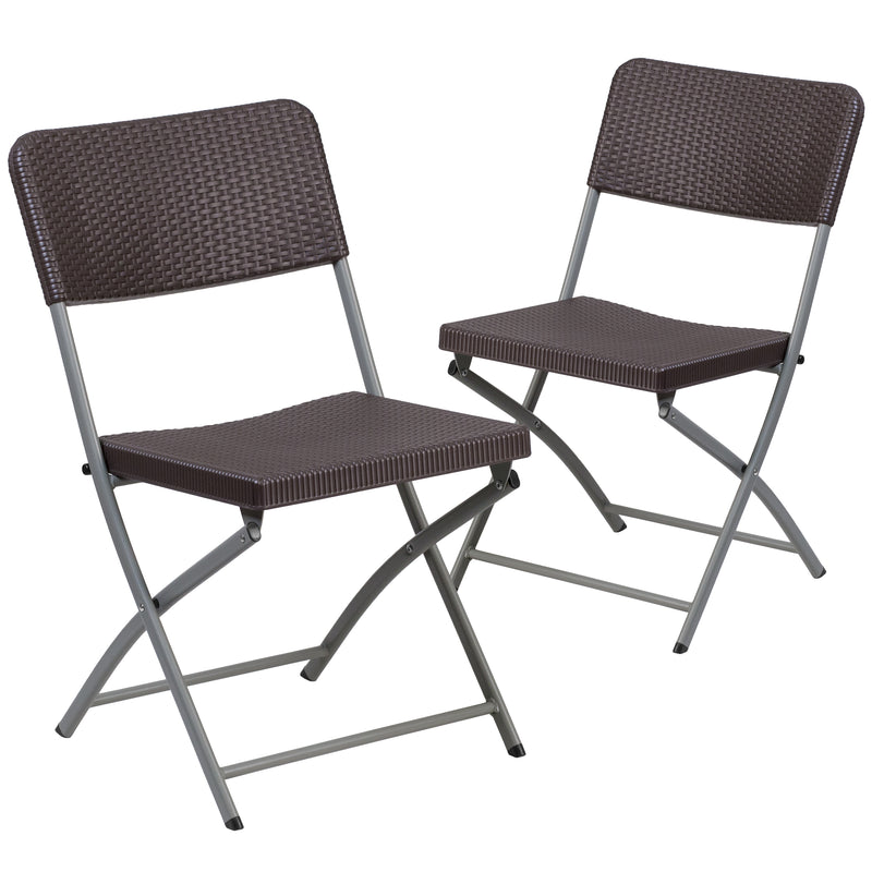 2 Pack HERCULES Series Brown Rattan Plastic Folding Chair with Gray Frame