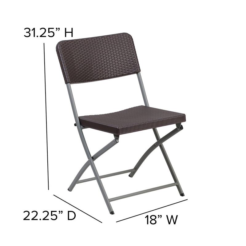 2 Pack HERCULES Series Brown Rattan Plastic Folding Chair with Gray Frame