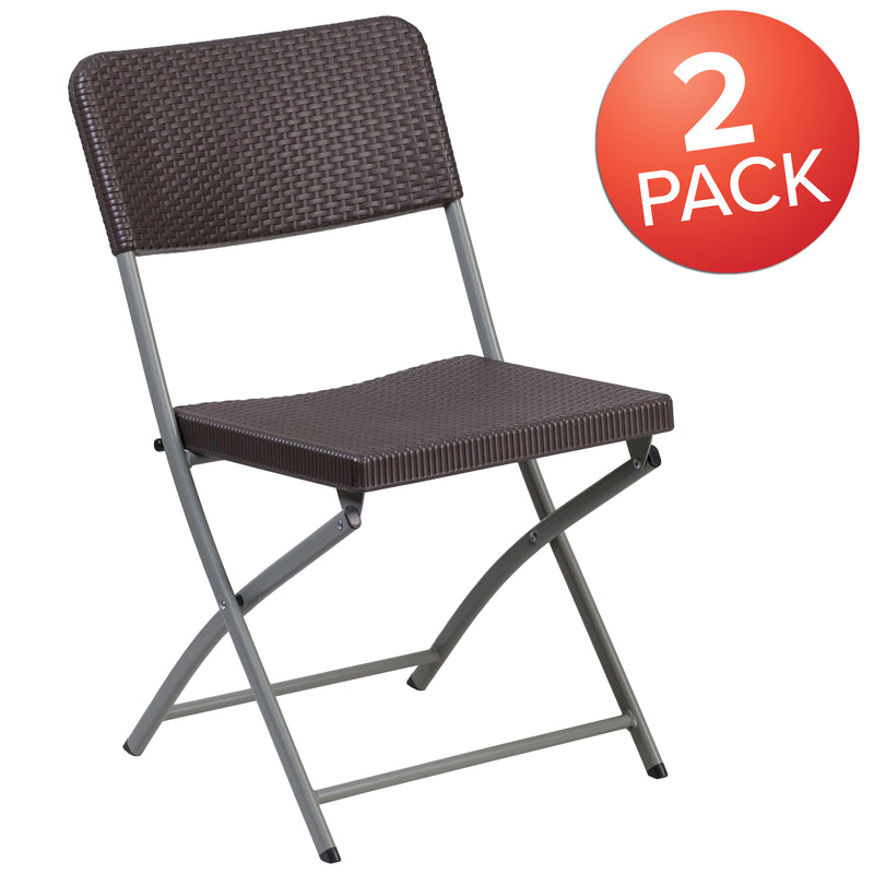 2 Pack HERCULES Series Brown Rattan Plastic Folding Chair with Gray Frame