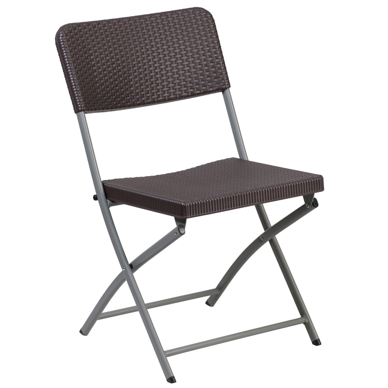 2 Pack HERCULES Series Brown Rattan Plastic Folding Chair with Gray Frame