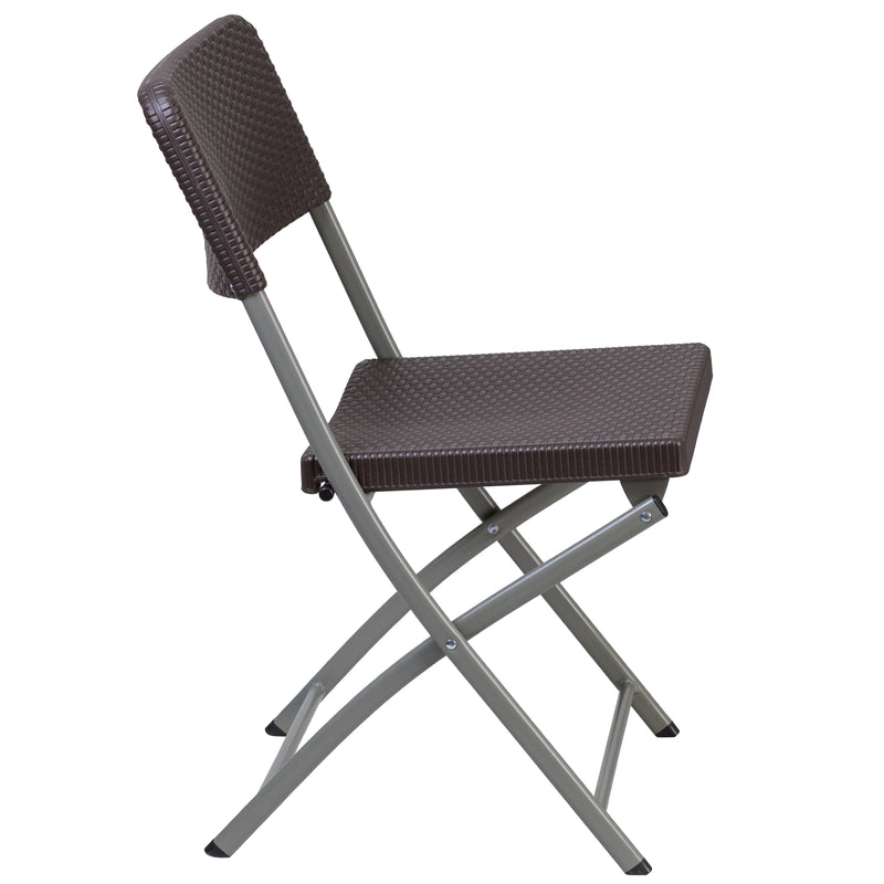 2 Pack HERCULES Series Brown Rattan Plastic Folding Chair with Gray Frame