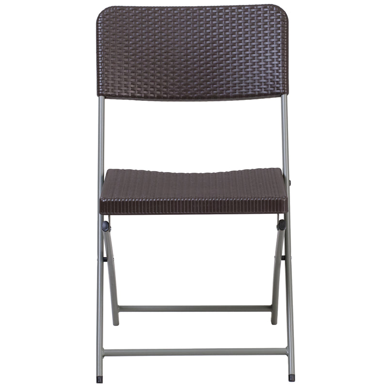 2 Pack HERCULES Series Brown Rattan Plastic Folding Chair with Gray Frame