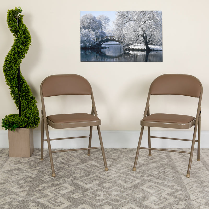 2 Pack HERCULES Series Double Braced Beige Vinyl Folding Chair