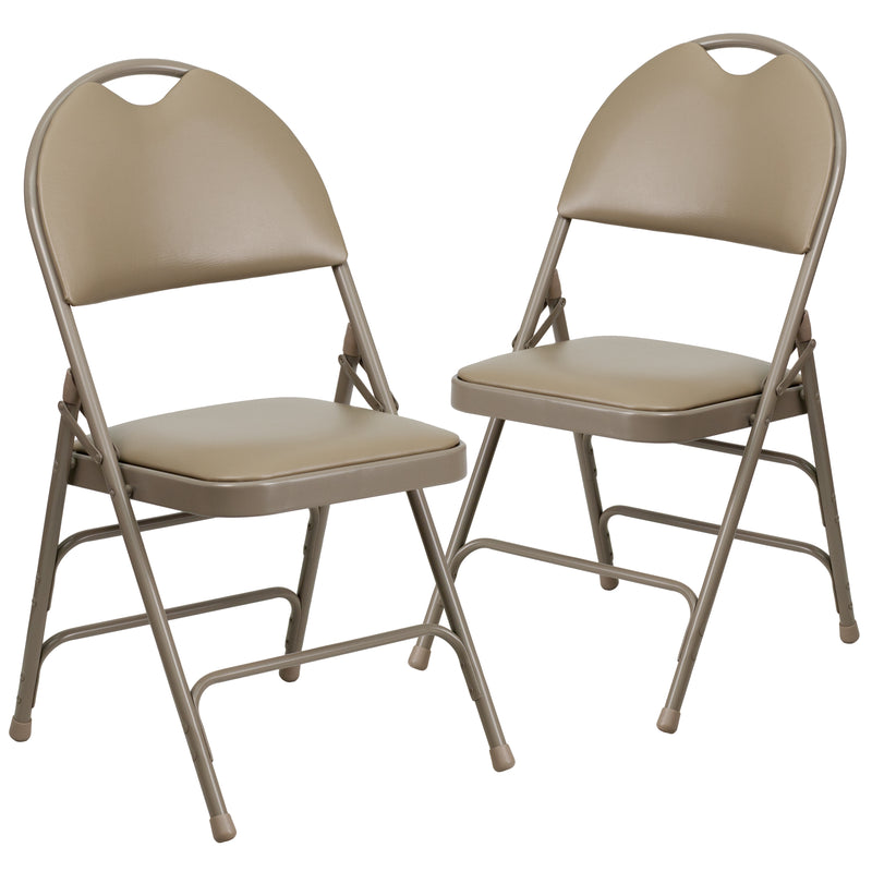 2 Pack HERCULES Series Ultra-Premium Triple Braced Beige Vinyl Metal Folding Chair with Easy-Carry Handle