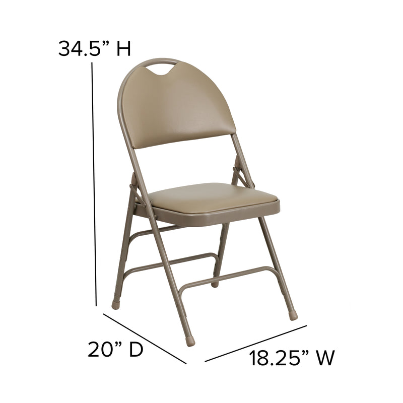 2 Pack HERCULES Series Ultra-Premium Triple Braced Beige Vinyl Metal Folding Chair with Easy-Carry Handle