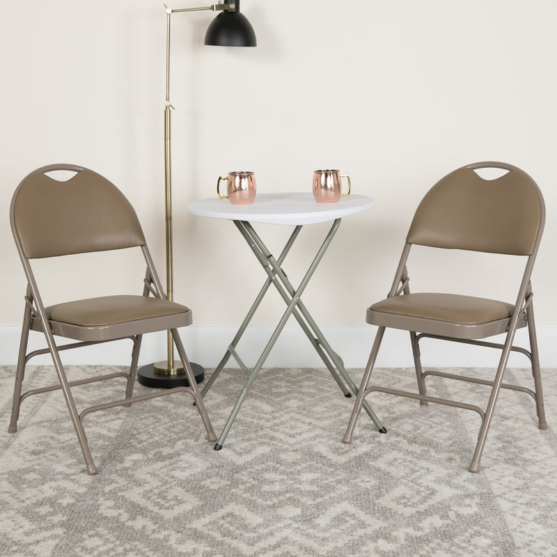 2 Pack HERCULES Series Ultra-Premium Triple Braced Beige Vinyl Metal Folding Chair with Easy-Carry Handle