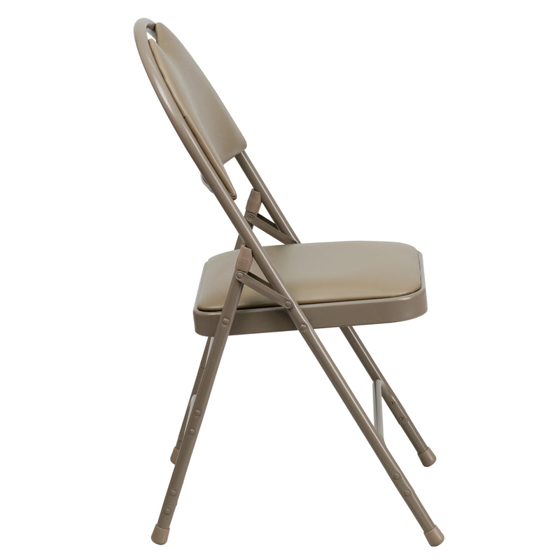 2 Pack HERCULES Series Ultra-Premium Triple Braced Beige Vinyl Metal Folding Chair with Easy-Carry Handle