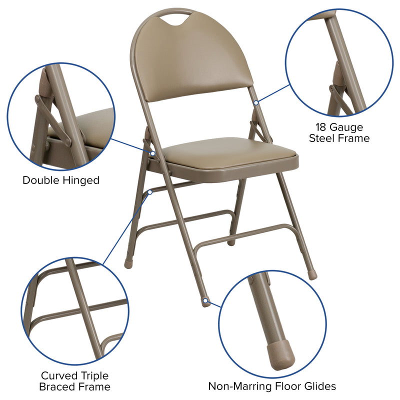 2 Pack HERCULES Series Ultra-Premium Triple Braced Beige Vinyl Metal Folding Chair with Easy-Carry Handle
