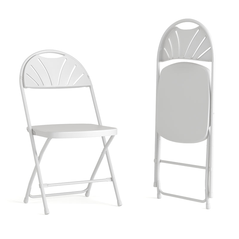 2 Pack HERCULES Series 650 lb. Capacity White Plastic Fan Back Folding Chair