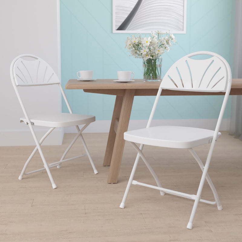 2 Pack HERCULES Series 650 lb. Capacity White Plastic Fan Back Folding Chair