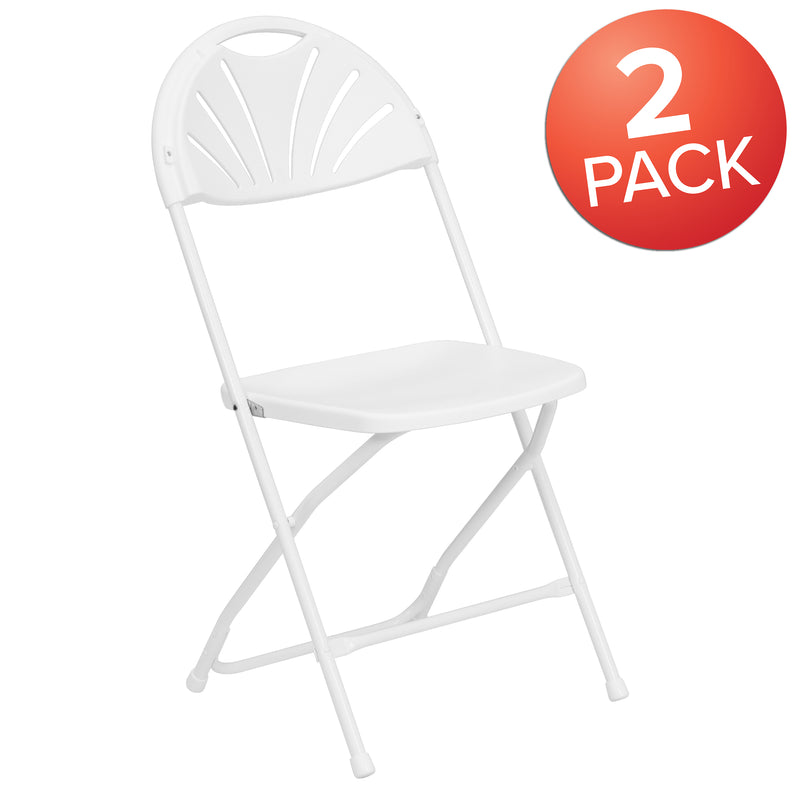 2 Pack HERCULES Series 650 lb. Capacity White Plastic Fan Back Folding Chair