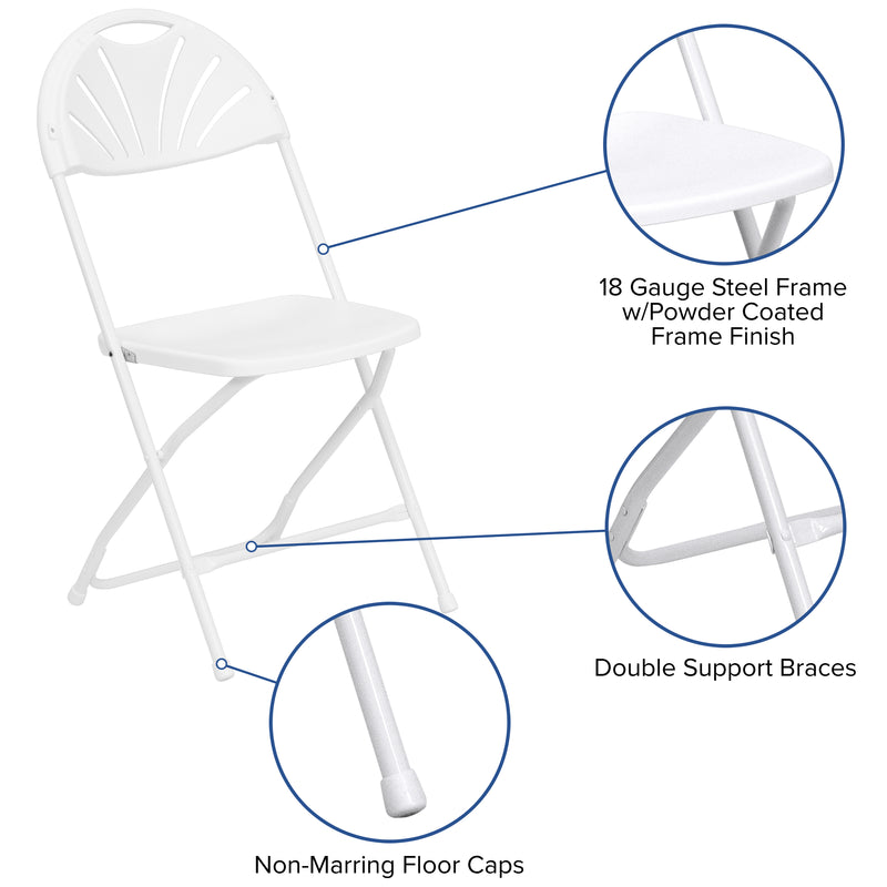 2 Pack HERCULES Series 650 lb. Capacity White Plastic Fan Back Folding Chair