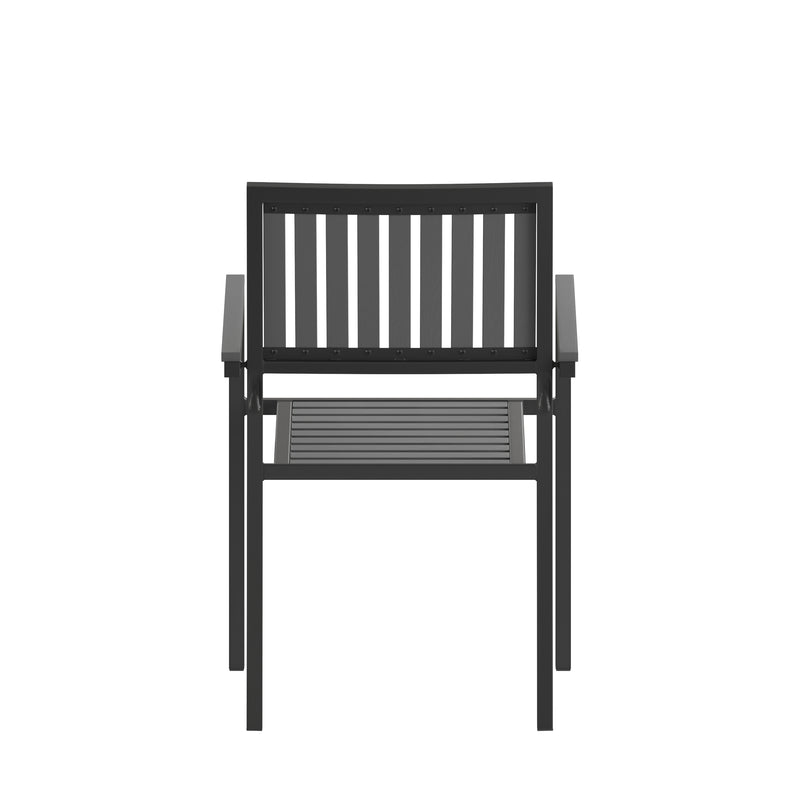 Harris Set of 2 Commercial Indoor/Outdoor Stacking Club Chairs with Black Poly Resin Slatted Backs and Seats