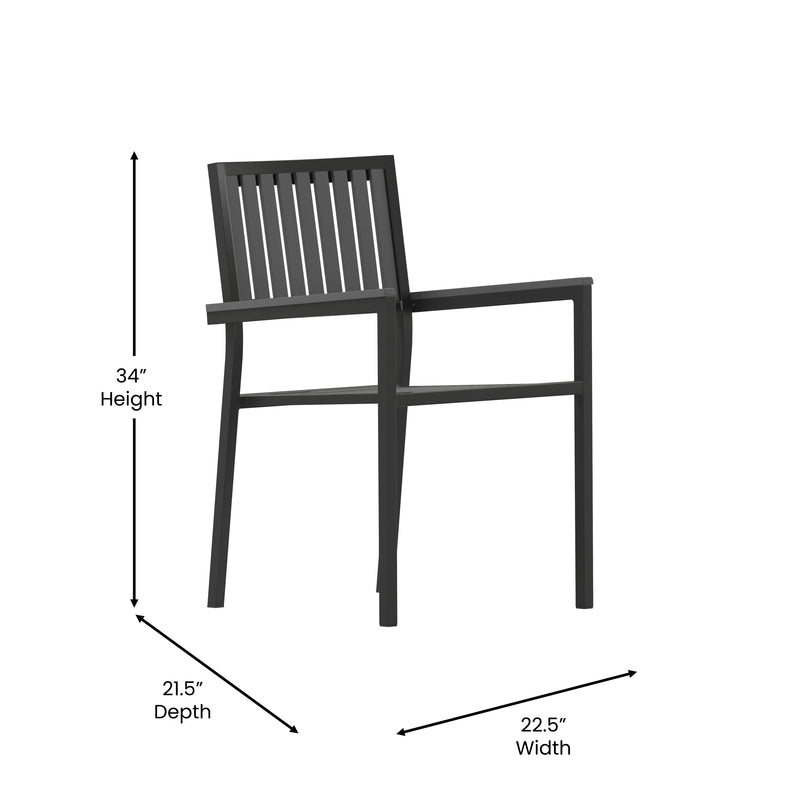 Harris Set of 2 Commercial Indoor/Outdoor Stacking Club Chairs with Black Poly Resin Slatted Backs and Seats