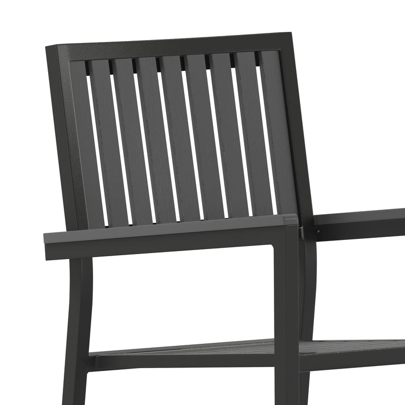 Harris Set of 2 Commercial Indoor/Outdoor Stacking Club Chairs with Black Poly Resin Slatted Backs and Seats