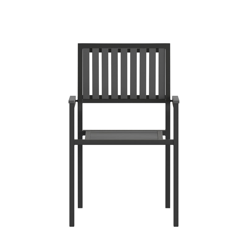 Harris Set of 2 Commercial Indoor/Outdoor Stacking Club Chairs with Black Poly Resin Slatted Backs and Seats