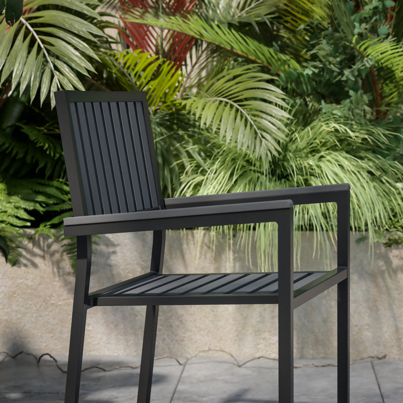 Harris Set of 2 Commercial Indoor/Outdoor Stacking Club Chairs with Black Poly Resin Slatted Backs and Seats