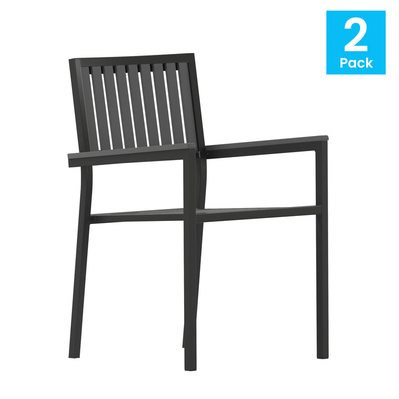 Harris Set of 2 Commercial Indoor/Outdoor Stacking Club Chairs with Black Poly Resin Slatted Backs and Seats