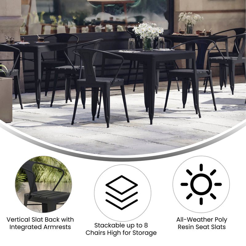 Helvey Commercial Indoor/Outdoor Black Stacking Arm Chair with Vertical Slat Back and Poly Resin Slatted Seat, Set of 2