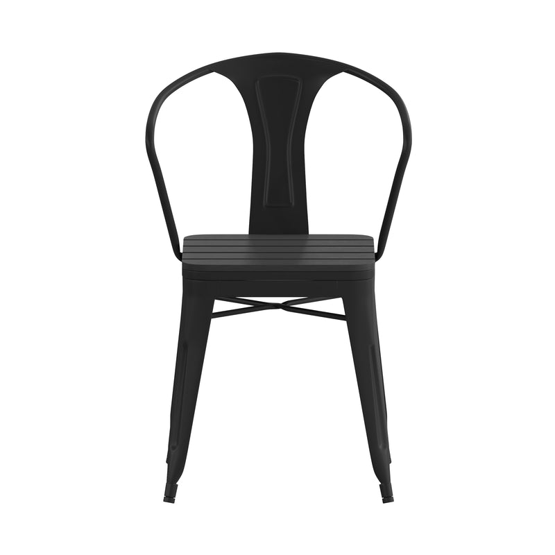 Helvey Commercial Indoor/Outdoor Black Stacking Arm Chair with Vertical Slat Back and Poly Resin Slatted Seat, Set of 2