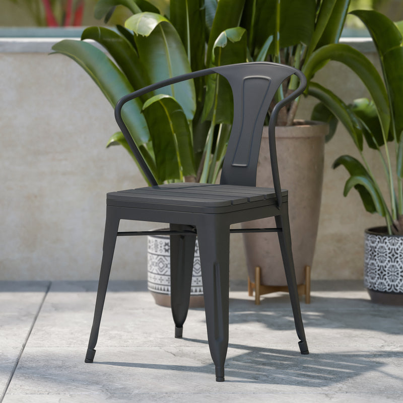 Helvey Commercial Indoor/Outdoor Black Stacking Arm Chair with Vertical Slat Back and Poly Resin Slatted Seat, Set of 2