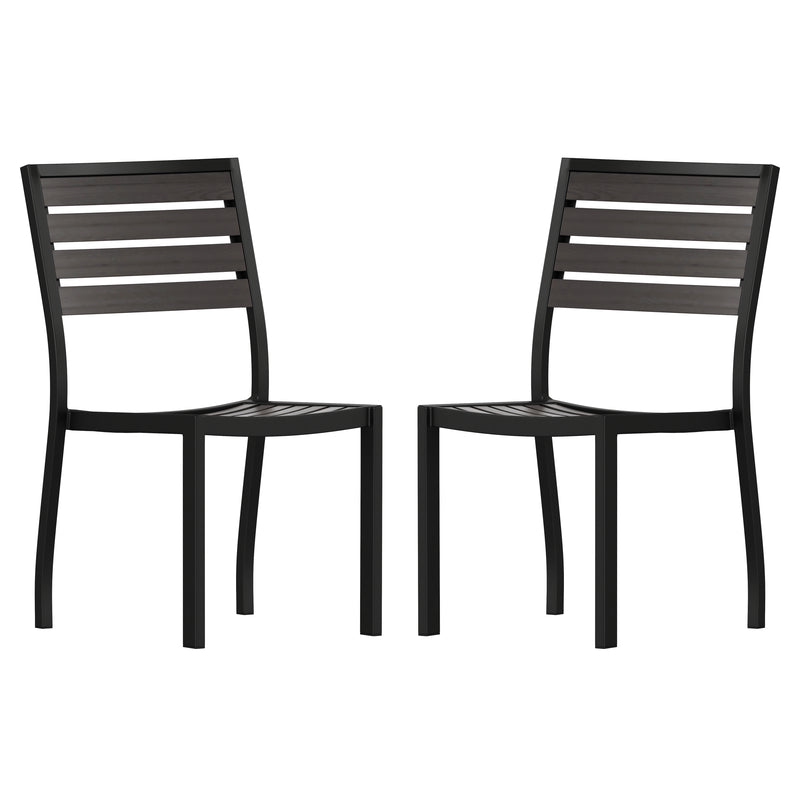 Lark Outdoor Stackable Side Chair with Gray Wash Faux Teak Poly Slats, Set of 2