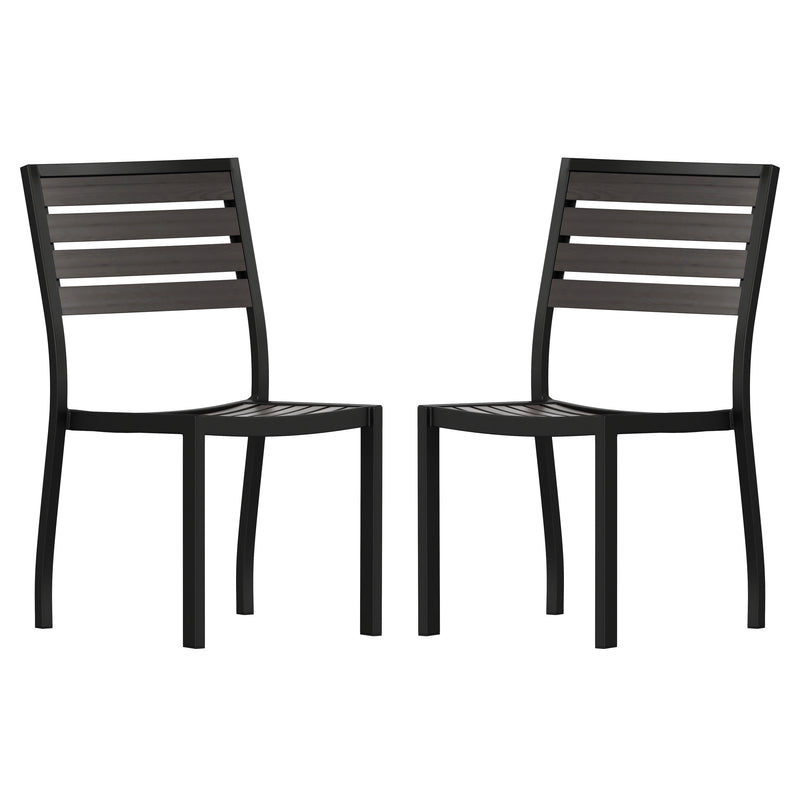 Lark Outdoor Stackable Side Chair with Gray Wash Faux Teak Poly Slats, Set of 2