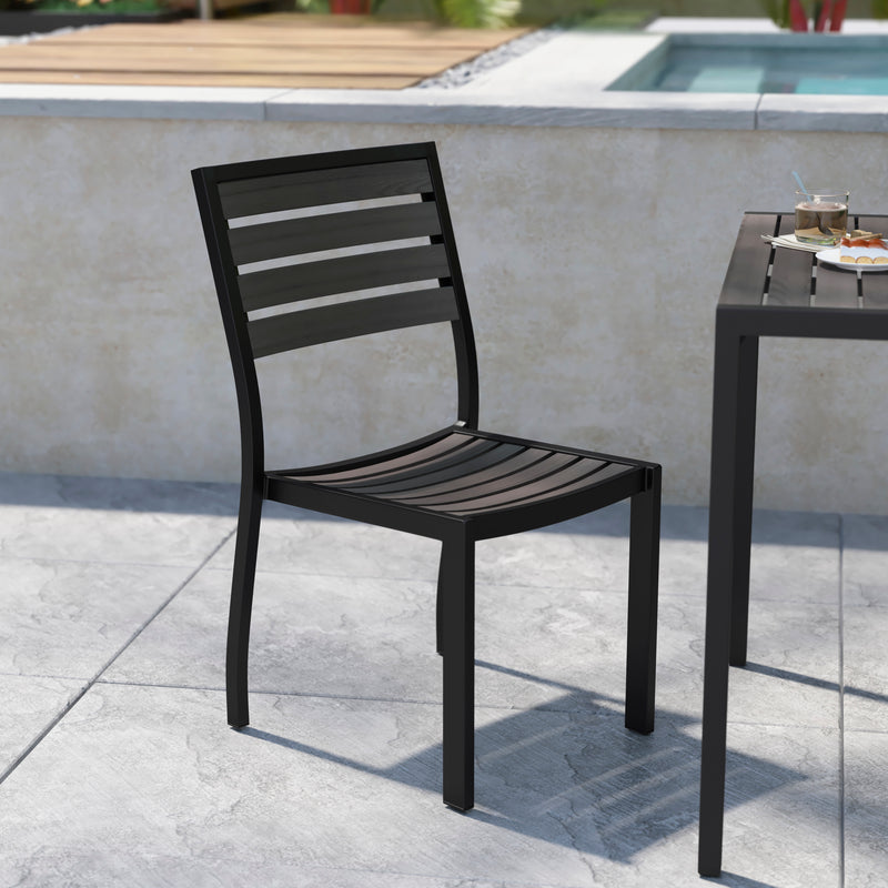 Lark Outdoor Stackable Side Chair with Gray Wash Faux Teak Poly Slats, Set of 2