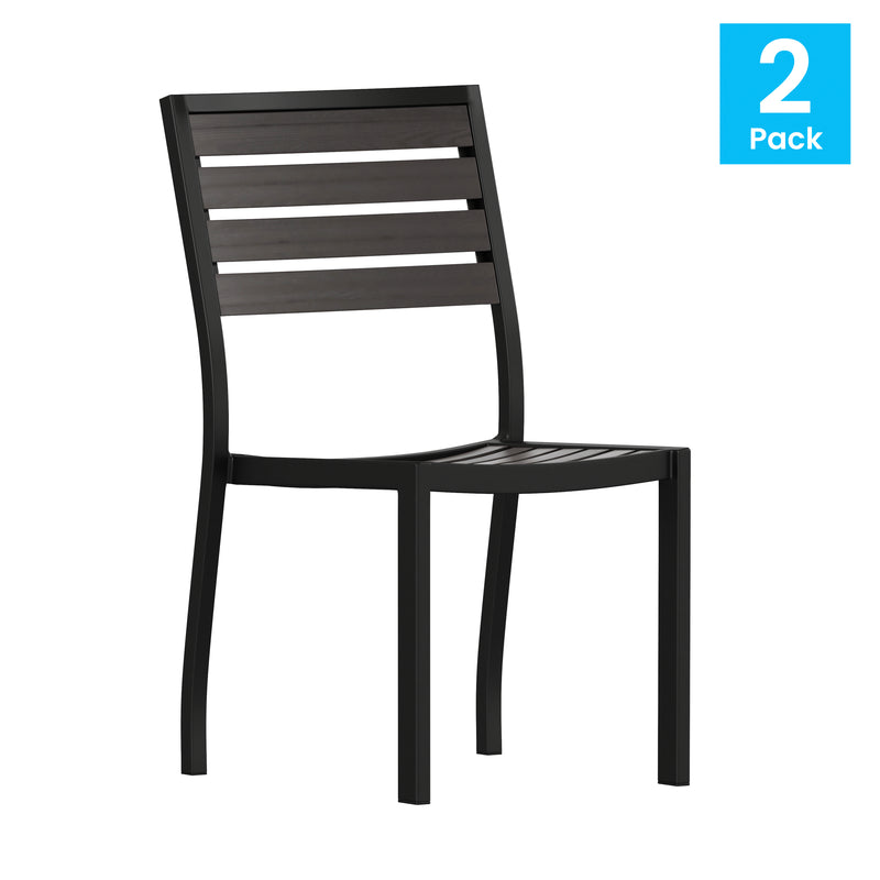 Lark Outdoor Stackable Side Chair with Gray Wash Faux Teak Poly Slats, Set of 2