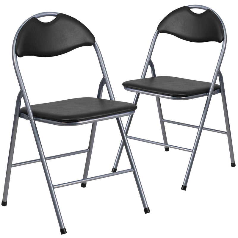 2 Pack HERCULES Series Black Vinyl Metal Folding Chair with Carrying Handle