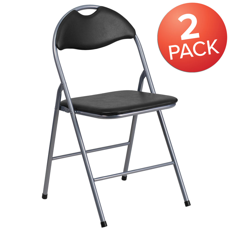 2 Pack HERCULES Series Black Vinyl Metal Folding Chair with Carrying Handle