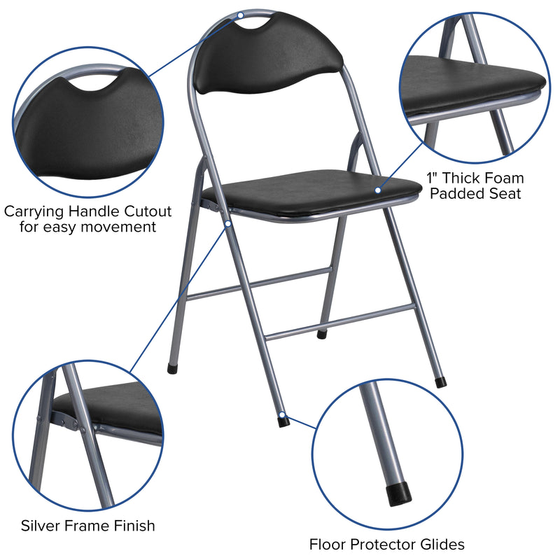 2 Pack HERCULES Series Black Vinyl Metal Folding Chair with Carrying Handle