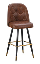 Swivel Metal Barstool with Brown Tufted Seat and Black Frame with Gold Footrest for Indoor Use