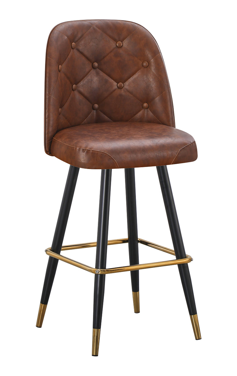 Swivel Metal Barstool with Brown Tufted Seat and Black Frame with Gold Footrest for Indoor Use
