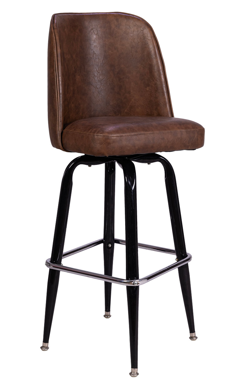 Swivel Metal Barstool with Brown Upholstered Seat and Black Square Frame with Chrome Footrest for Indoor Use