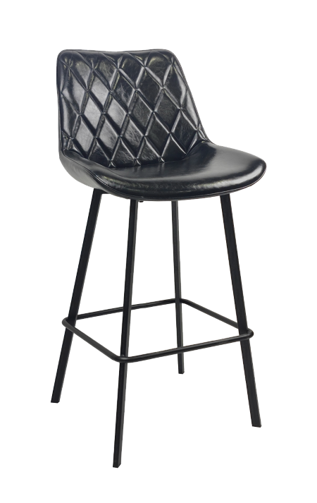 Metal Bar Stool w/ Diamond Stitched Vinyl Seat in Black