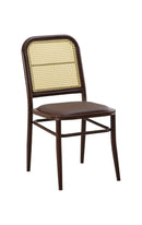 Indoor Metal Chair in Wood Grain Finish w/ Poly Woven Back & Brown Vinyl Seat