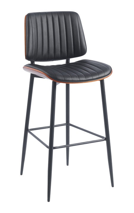 Indoor Mid-Century Modern Metal Barstool with Black Vinyl Seat & Back