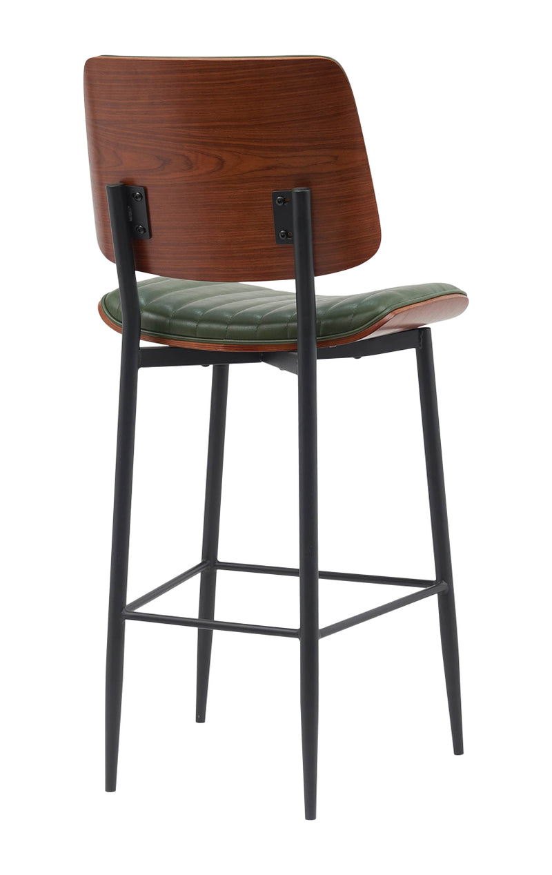 Mid-Century Metal Dining Barstool with Green Vinyl Seat & Back for Indoor Use