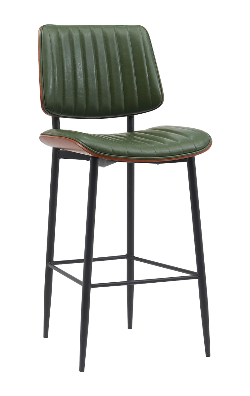 Mid-Century Metal Dining Barstool with Green Vinyl Seat & Back for Indoor Use
