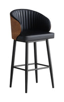Indoor Black Steel Barstool with Wood Grain Back and Vinyl Upholstery