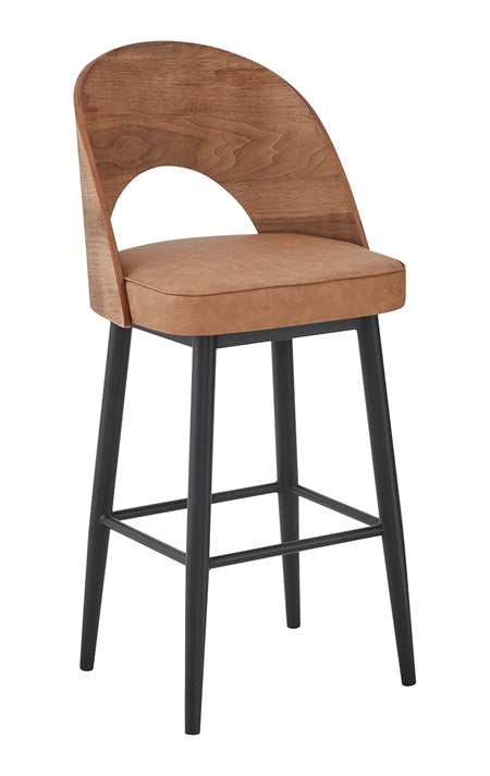 Indoor Metal Barstool with Veneer Wood Back and Light Brown Cushioned Seat