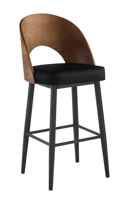 Indoor Veneer-Backed Metal Barstool with Black Seat
