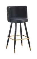Button Tufted Back Indoor Metal Barstool with Black Vinyl Seat and Gold-Tipped Legs & Gold Footrest