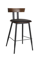 Indoor Black Metal Barstool with Walnut Elmwood Back and Black Vinyl Seat