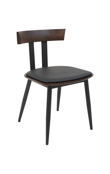 Indoor Black Metal Chair with Walnut Elmwood Back and Black Vinyl Seat