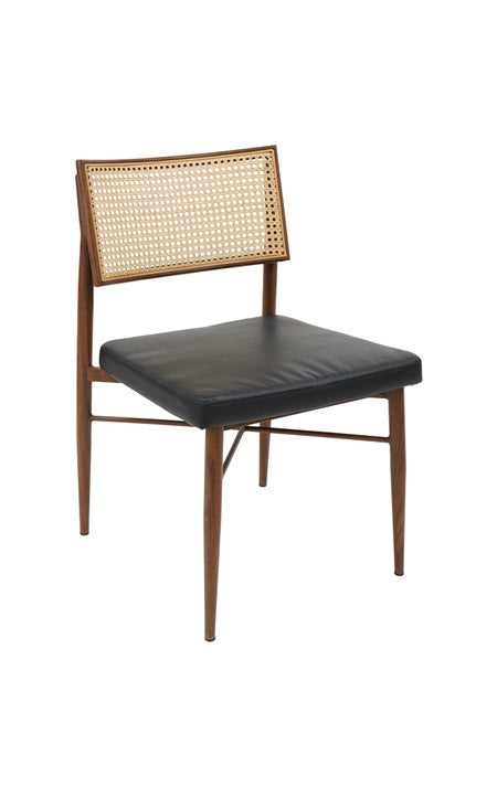 Indoor Metal Chair with Black Vinyl Seat & Cane Faux Rattan Back
