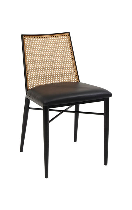 Indoor Sleek Black Metal Chair with Black Vinyl Seat & Cane Faux Rattan Back