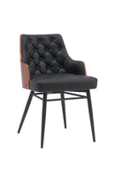 Classic Indoor Metal Chair with Tufted Black Faux Leather Upholstery and Veneer Backrest